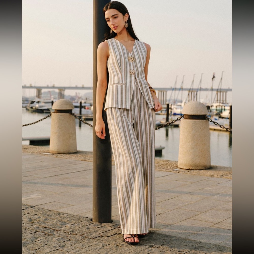 Commense Linen/Cotton Striped Vest & Mid-Waist Striped Wide-Leg Pants Set